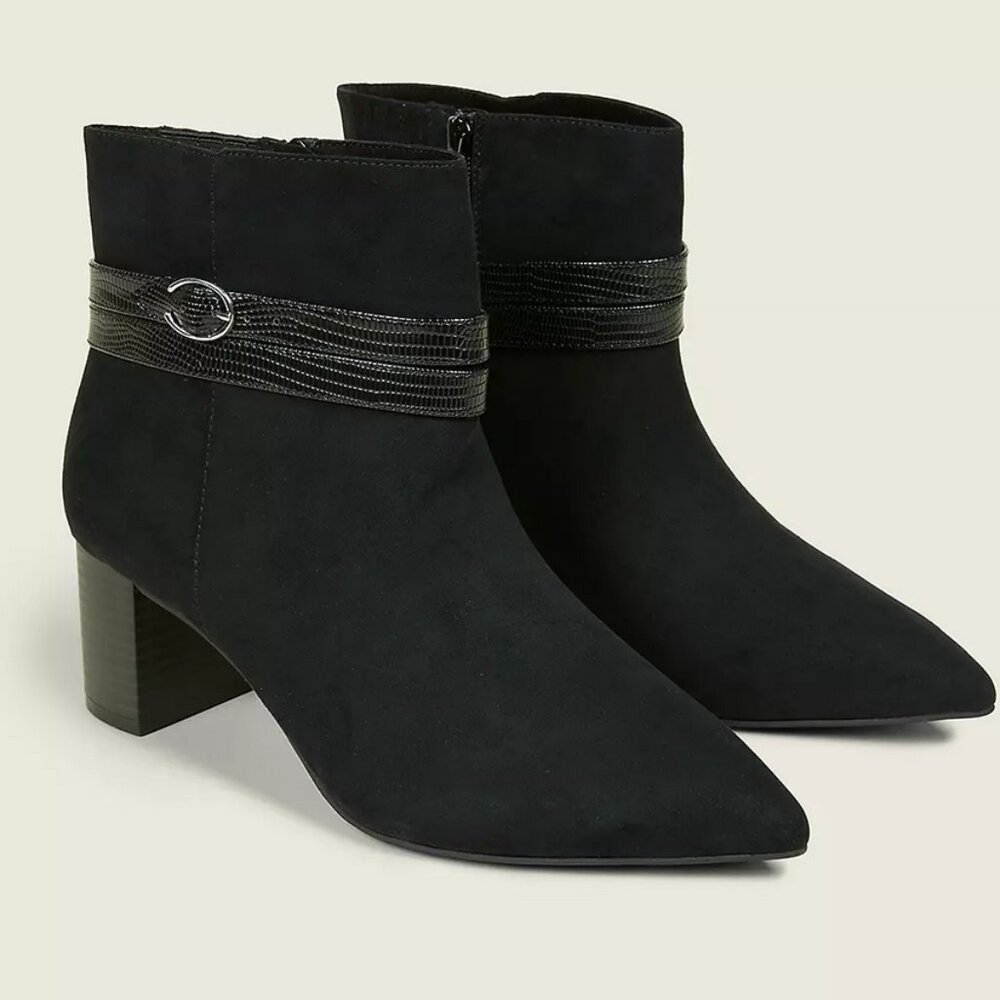 9 Wide 9W Fit Black Ankle Boots Pointed Pointy Buckle Detail Side Zipper Block